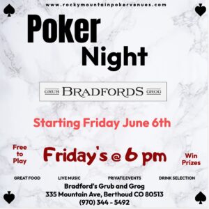 (Berthoud) Win bar gift cards and earn bonus chips for the Bradford's Quarterly Tournament - Rocky Mountain Poker Venues @ Bradford's Grub & Grog | Berthoud | Colorado | United States